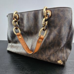 MICHAEL KORS Jet Set Chain Tote Brown MK Logo Canvas Gold Chain